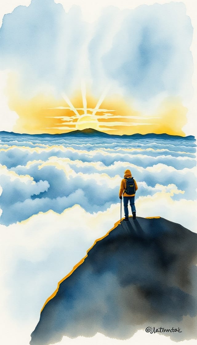 AI-generated scene: A hiker above the clouds at sunrise